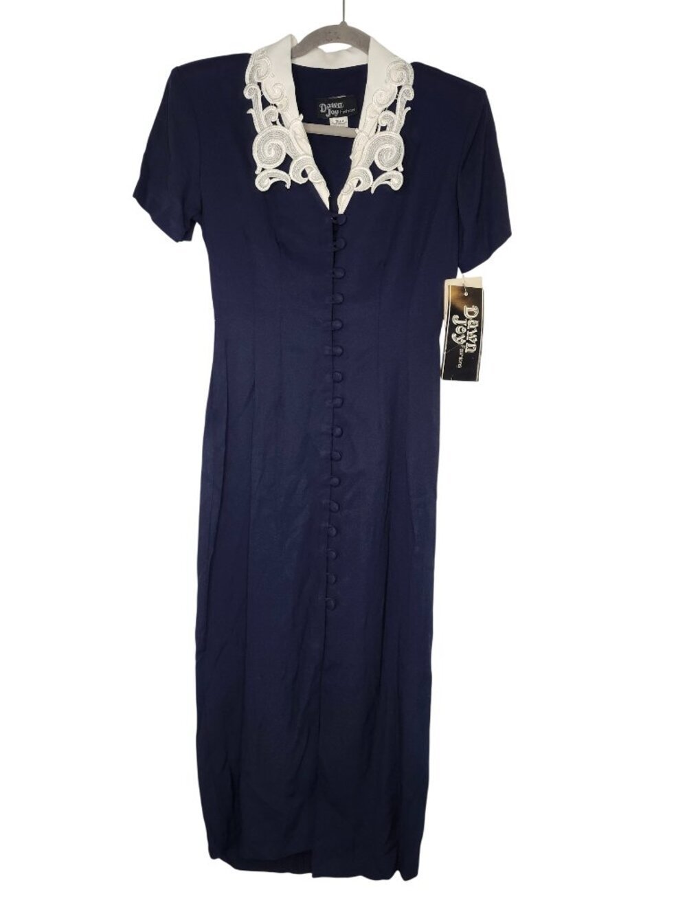 NEW Vintage Dawn Joy Fashions Navy Blue Crochet Collared Button Down Dress 4